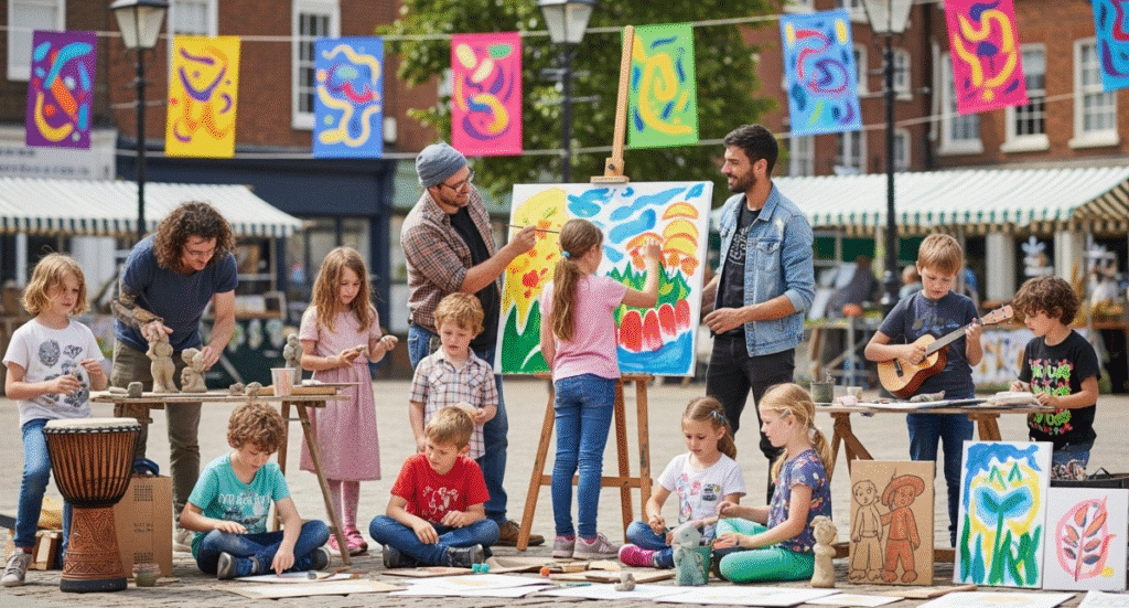 An illustration depicting a vibrant community gathering, where children engage in various arts and cultural activities, fostering creativity and collaboration. Local artists are seen guiding the children, emphasizing partnership and the importance of arts for development in enhancing community life.