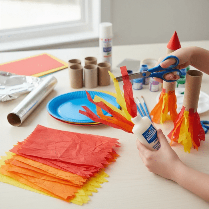 Creating rocket flames using colorful materials.