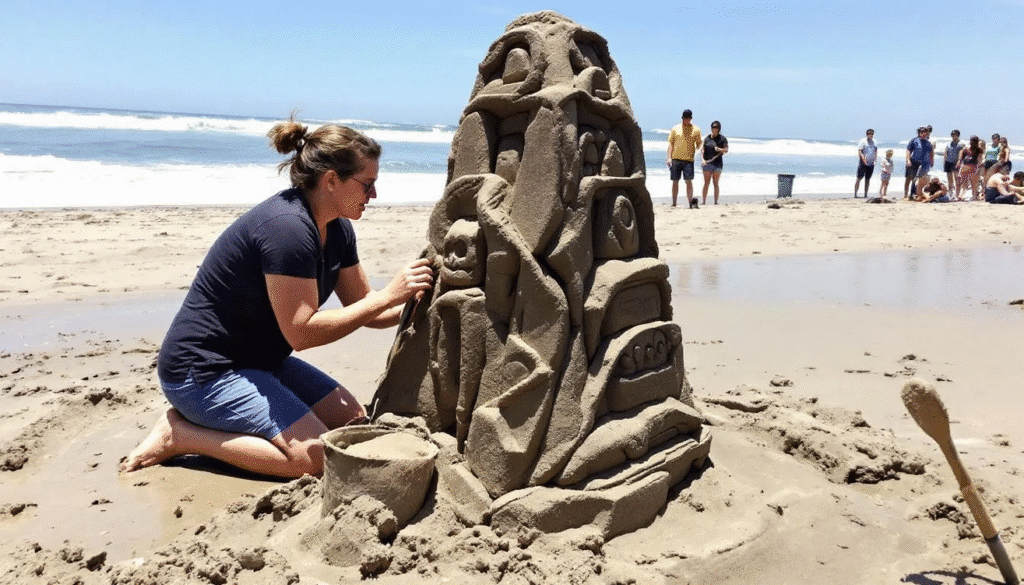 A vibrant scene of a sandy beach showcases a group of enthusiastic friends engaged in creating intricate sand sculptures, using buckets and shovels to carve wet sand into imaginative forms. The joyful atmosphere is enhanced by spectators admiring the artistic process, as these sand sculptors bring their ideas to life under the warm sun.