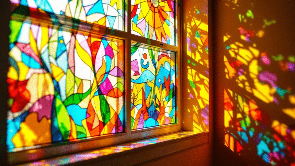 Creating Your Stained Glass Design A sunny window displaying a beautiful stained glass design made from tissue paper.