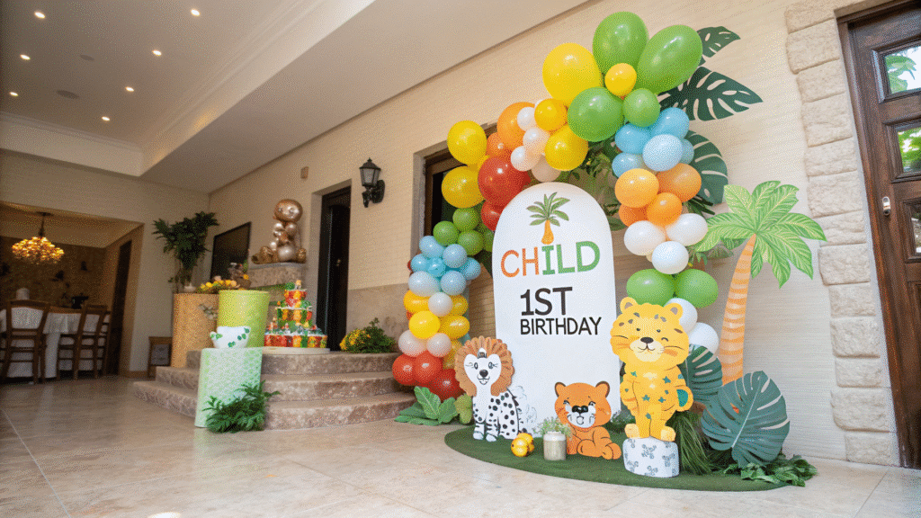The image features a vibrant setup for a child's 1st birthday party, showcasing colorful birthday balloons in various shapes, including animals like lions and elephants. The decorations create a playful forest theme, complemented by a personalized sign with the child's name, making the celebration feel special and unforgettable.