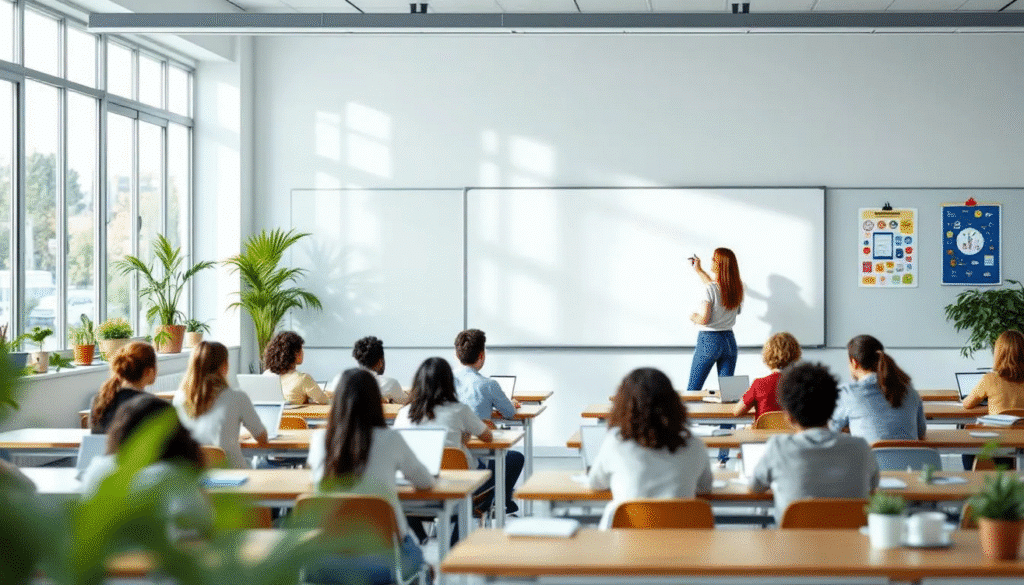 The image depicts a vibrant and creative classroom filled with engaging decorations and various learning materials, where students are actively involved in different activities throughout the day. The setup encourages collaboration and creativity, making it a visually appealing environment for both teaching and learning.