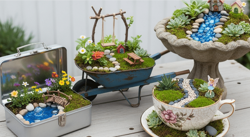 Creative Fairy Garden Containers Creative containers used for fairy gardens, showcasing unique ideas.