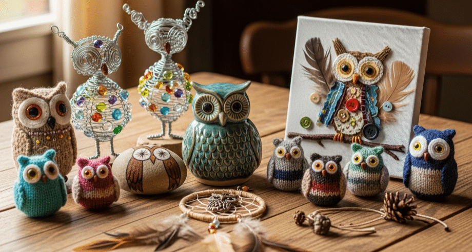 Creative Owl Craft Ideas A variety of creative owl crafts displayed on a table, showcasing different materials and techniques.