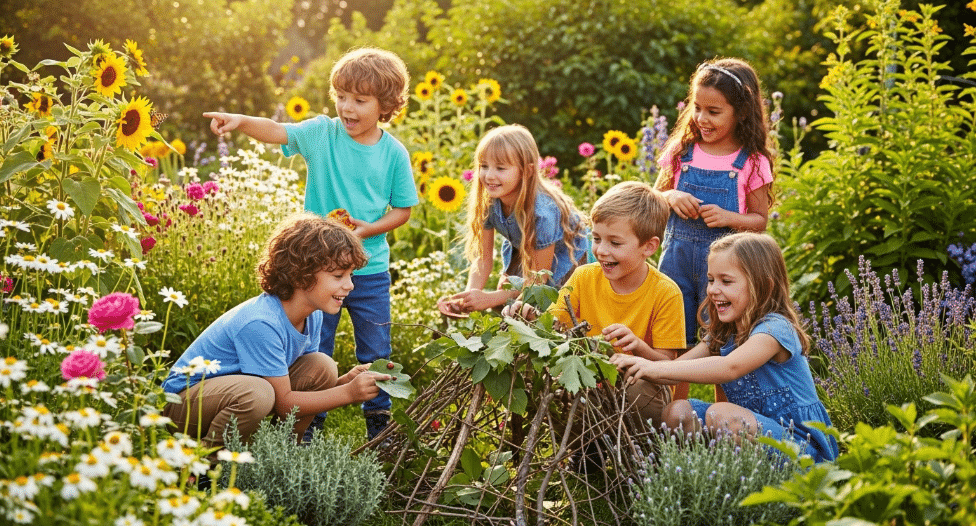 The image depicts a vibrant outdoor scene where children are engaged in imaginative play, exploring a garden filled with colorful flowers and various plants. They are laughing and creating games, showcasing the joy of outdoor play as they discover nature and nurture their curiosity about the world around them.