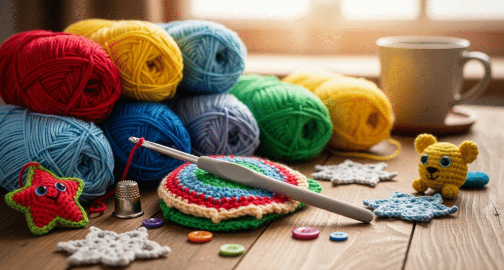 The image depicts a cozy crochet setup featuring colorful yarns, a crochet hook, and a variety of handmade items like kids' crafts and holiday decorations. This inviting scene showcases the joy of crocheting, highlighting the simplicity of creating unique patterns with just a few materials, perfect for anyone looking to explore fun crafts projects.