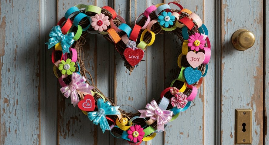 DIY Heart Wreath A DIY heart wreath decorated with colorful paper chains and embellishments.
