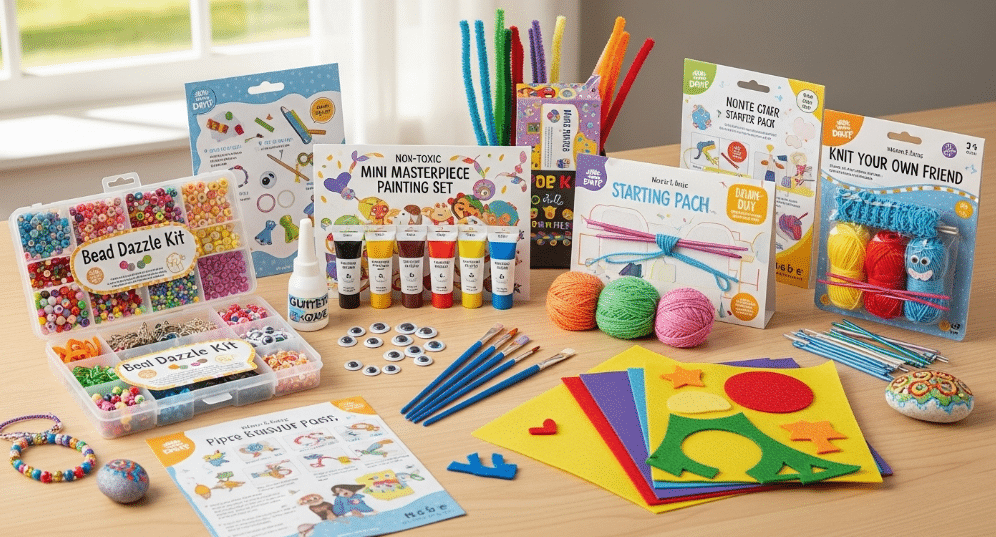 A colorful display of various DIY craft kits designed for kids, featuring materials and tools like beads, paint, and knitting supplies. Each kit includes clear instructions, encouraging creativity and hands-on learning while allowing children to express their unique flair through crafting.