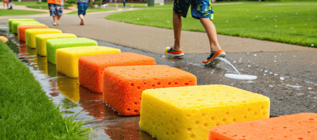 Water filled sponges on a driveway.