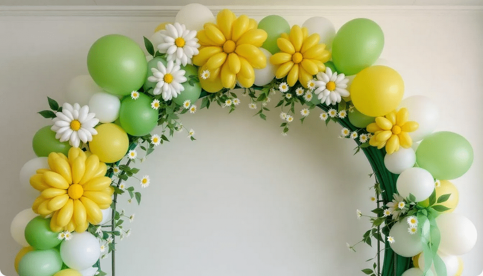 The image depicts a beautifully designed daisy balloon arch, featuring vibrant daisy foil balloons alongside green and white regular balloons, creating an elegant backdrop for a wedding or party. Ribbons and fresh flowers add personality, while mini balloons fill gaps for a polished look, showcasing the charm of a daisy balloon arch kit.