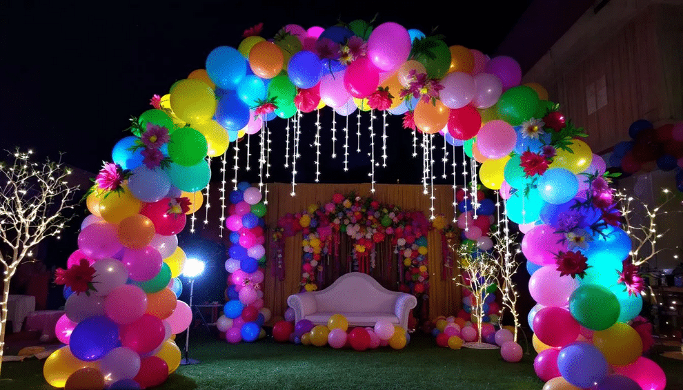 A vibrant balloon arch is beautifully decorated with a mix of colorful balloons, ribbons, and twinkling lights, creating a fun and whimsical atmosphere for the event. The arrangement showcases various balloon sizes and styles, enhancing the festive mood and allowing for customization to fit the theme.