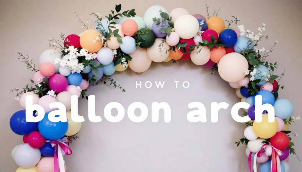 An eye-catching balloon arch design features a mix of different sizes and colors of balloons, creating a vibrant and organic look. Decorative elements like greenery and flowers are tucked between the balloons, enhancing the overall aesthetic for celebrations such as weddings or birthday parties.