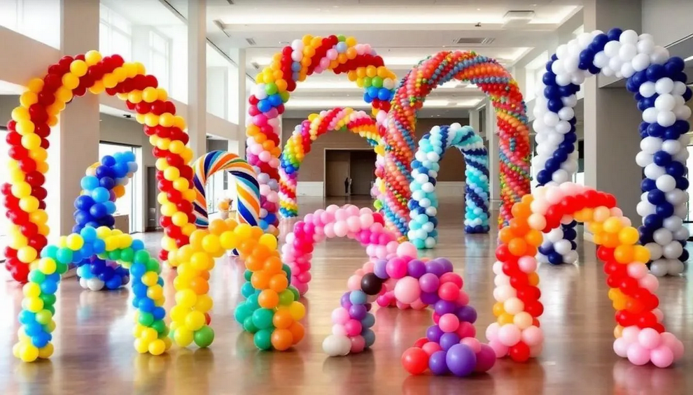 The image showcases a variety of balloon arches in different shapes and sizes, including single row and double row designs, adorned with vibrant latex balloons. These eye-catching balloon decorations are perfect for enhancing event spaces, creating stunning backdrops for photo opportunities, and adding a festive touch to celebrations such as birthday parties and weddings.