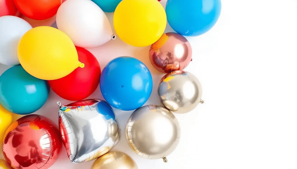 An image showcasing a variety of balloons arranged for a balloon arch design, featuring colorful latex balloons in different sizes, including 5-inch, 11-inch, and 16-inch options. The setup highlights the importance of selecting the right balloon types and colors to create an eye-catching and cohesive look for events like birthday parties, weddings, or corporate events.