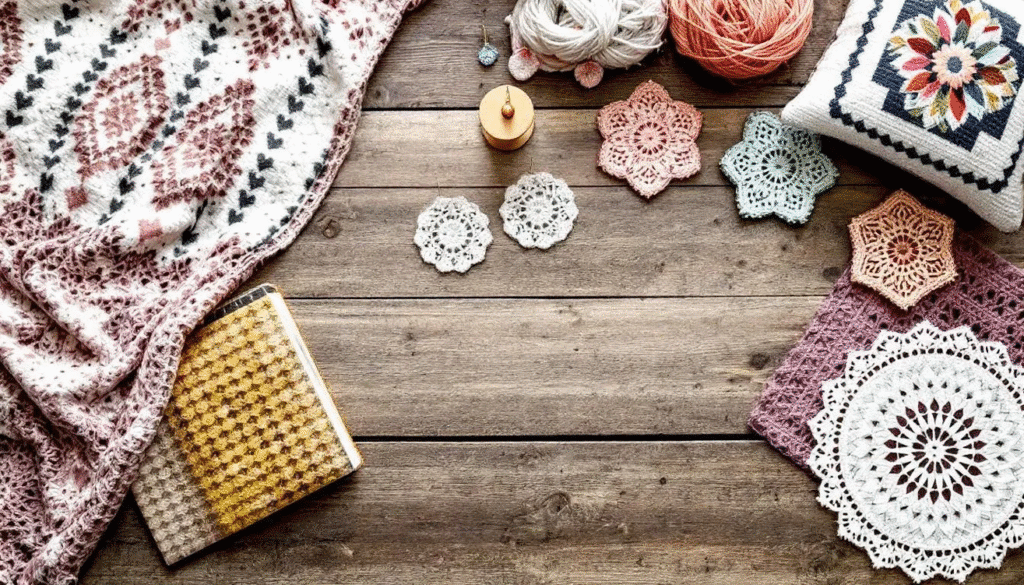 The image showcases a vibrant array of crochet patterns available on AllCrafts.net, featuring items like colorful blankets, stylish clothing, and unique home decor such as throw pillows and coasters. This collection emphasizes the versatility of crafts, offering both practical and fashionable options for enthusiasts looking to explore various types of crochet and knitting projects.