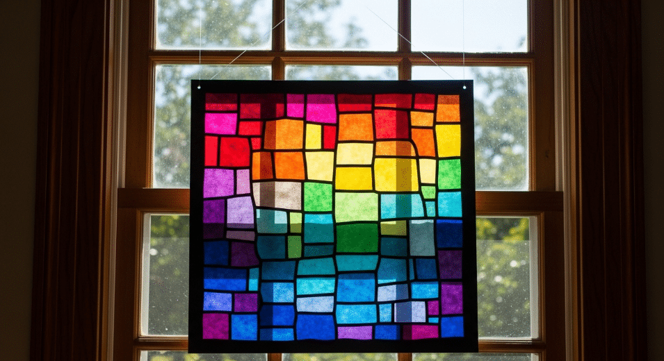 Double-Sided Tissue Paper Stained Glass A double-sided tissue paper stained glass piece hanging in a sunny window.