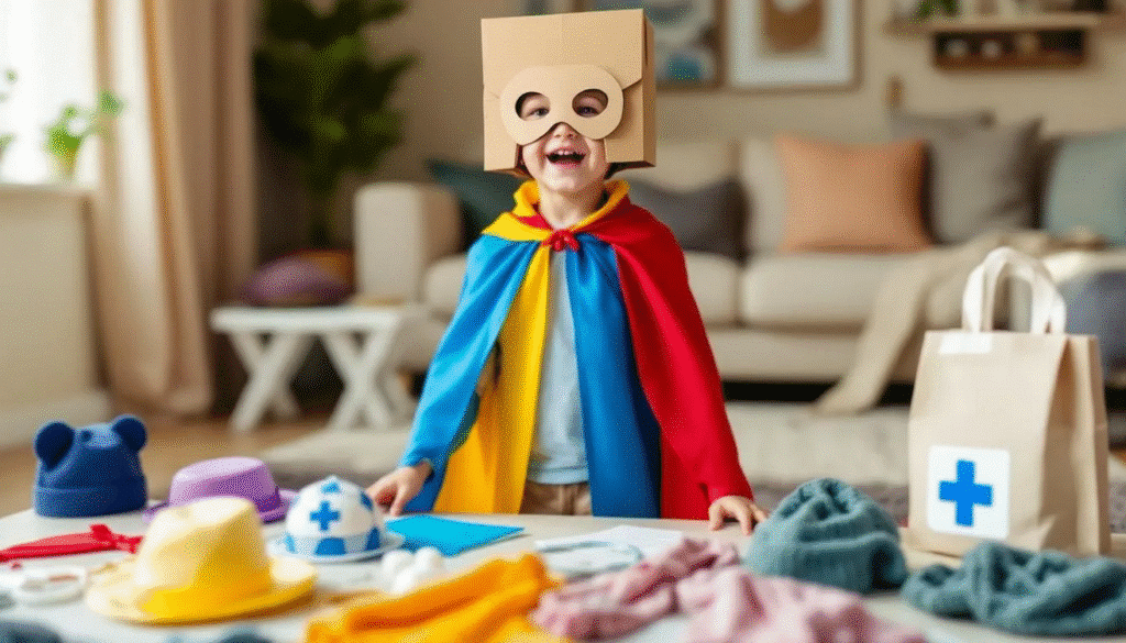 A child is surrounded by an assortment of dress-up clothes, including hats, scarves, and cardboard boxes, engaging in imaginative play as they transform into various characters like superheroes and explorers. The scene captures the essence of creativity and storytelling, showcasing how simple materials can inspire a child's imagination and encourage them to explore different roles and adventures.