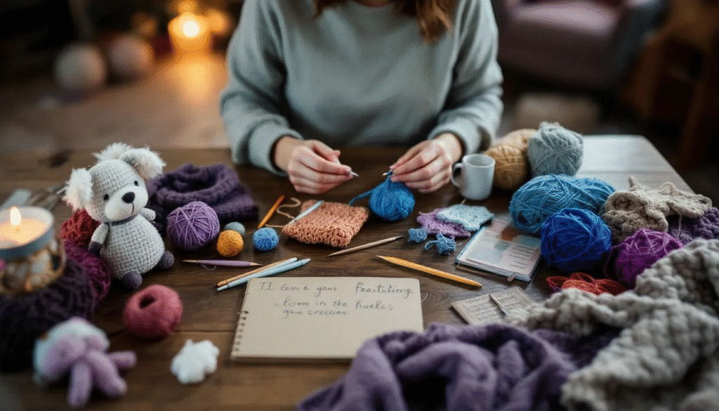 The image depicts a cozy workspace filled with colorful yarn, crochet hooks, and beginner-friendly crochet patterns from Allcrafts.net. A simple scarf and a small amigurumi stuffed animal are showcased, illustrating fun and easy projects perfect for new crocheters looking to learn and get hooked on crafting.