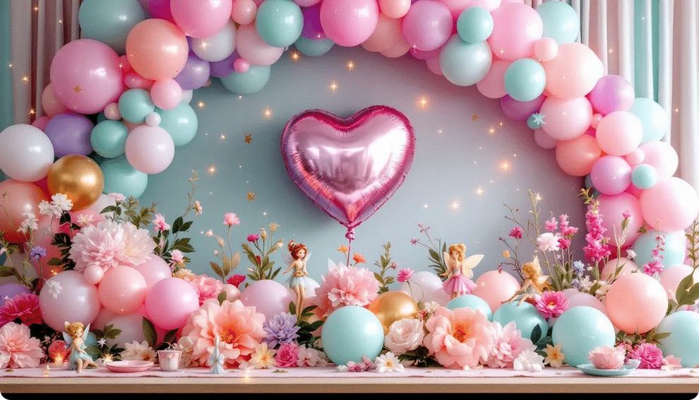 The image features an enchanting centerpiece for a fairy birthday party, showcasing a large mylar balloon surrounded by clusters of colorful latex balloons in soft hues. The arrangement includes fairy figurines, silk flowers, and tiny LED lights, creating a magical atmosphere, while some balloons float gracefully above the table, enhancing the whimsical theme of the celebration.