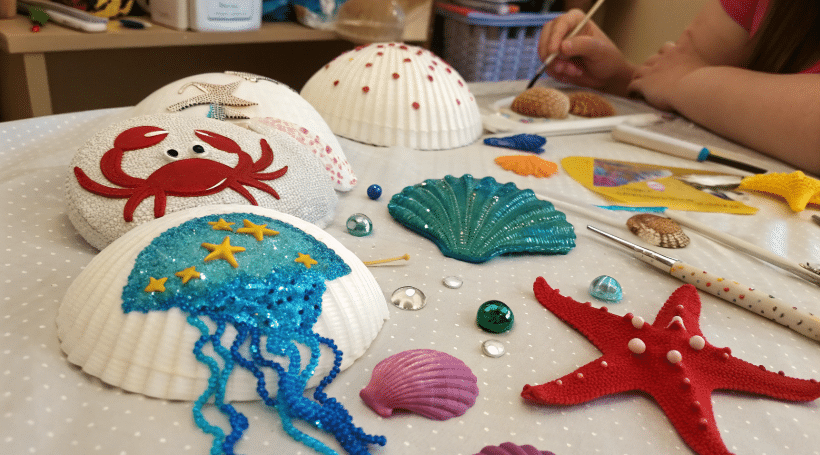 Exploring Ocean-Themed Crafts Various ocean-themed crafts including crabs and seashells.