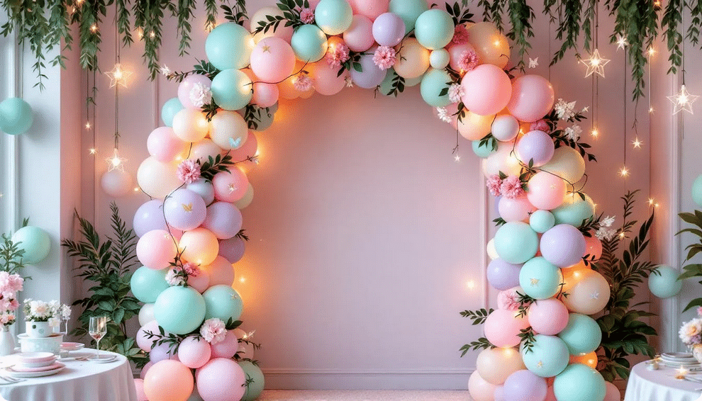 The image showcases a whimsical party decoration scene featuring a beautiful balloon arch made of pastel fairy balloons, adorned with floral elements and twinkling LED lights, creating an enchanting atmosphere perfect for a fairy birthday party. Additional balloon garlands and centerpieces enhance the magical theme, making the space visually stunning for celebrations like baby showers or birthday parties.