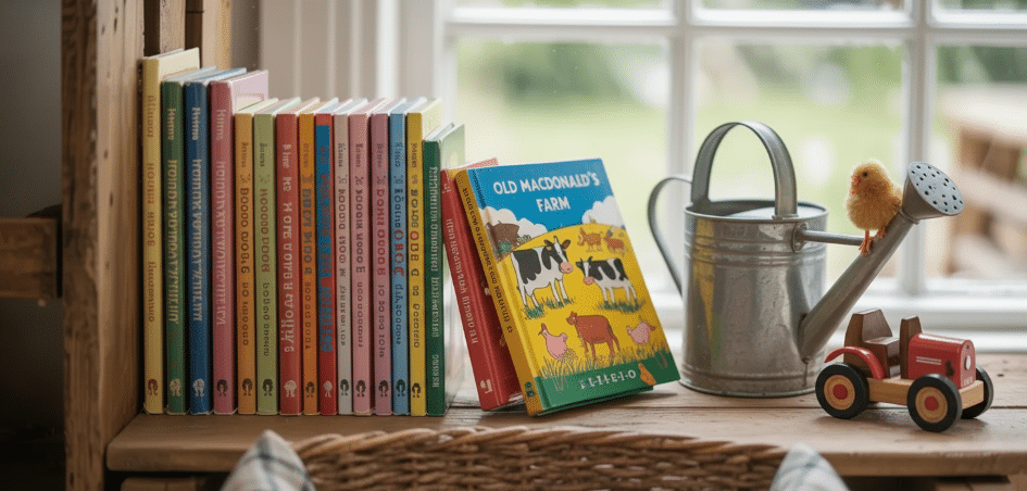 Farm-Themed Books for Kids A selection of farm-themed books for kids displayed on a shelf.