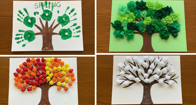 Four Seasons Tree Art Projects A collage of four seasonal tree crafts, showcasing tree art for each season.