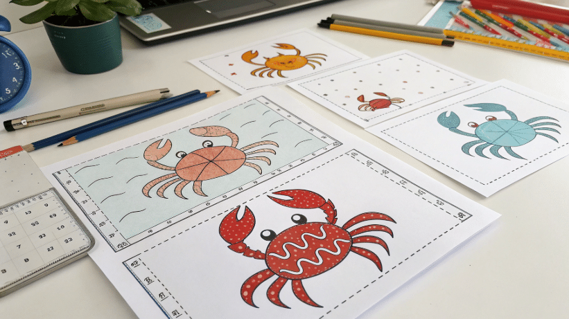Free Printable Templates For Crab Crafts Printable templates for crab crafts laid out on a desk.