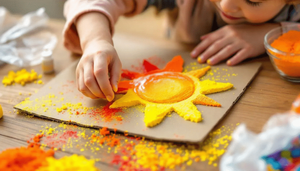 The image showcases a variety of sand art projects, including vibrant sand pictures made by layering colored sand over glue, colorful sand bottles filled with different hues, and intricate sand mandalas featuring detailed patterns. These creative crafts are perfect for kids and can enhance home decor with their bright colors and unique textures.