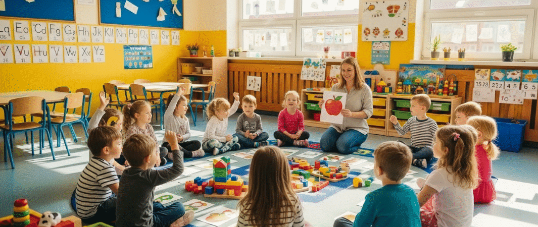 Kindergarten children sitting in a circle playing an educational game in a bright classroom decorated with alphabet charts and colorful toys, showing engagement and joy in learning.