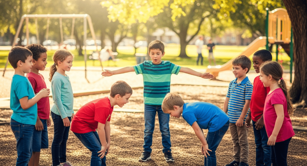 A joyful scene of five-year-olds engaged in a group activity, playing "Simon Says" in a safe space outdoors. The children are practicing their listening skills and turn-taking while having fun, showcasing their fine motor skills and social interaction as they follow the leader's commands.