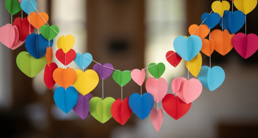 Heart-Shaped Cardstock Garland A beautifully arranged heart-shaped garland made of colorful cardstock.