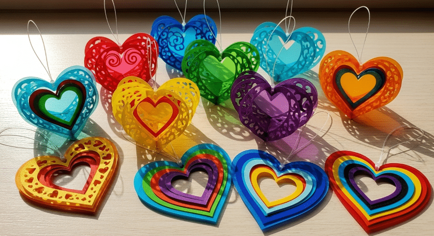 Heart Suncatchers A collection of heart suncatchers made from colorful paper, ready to be hung in a window.