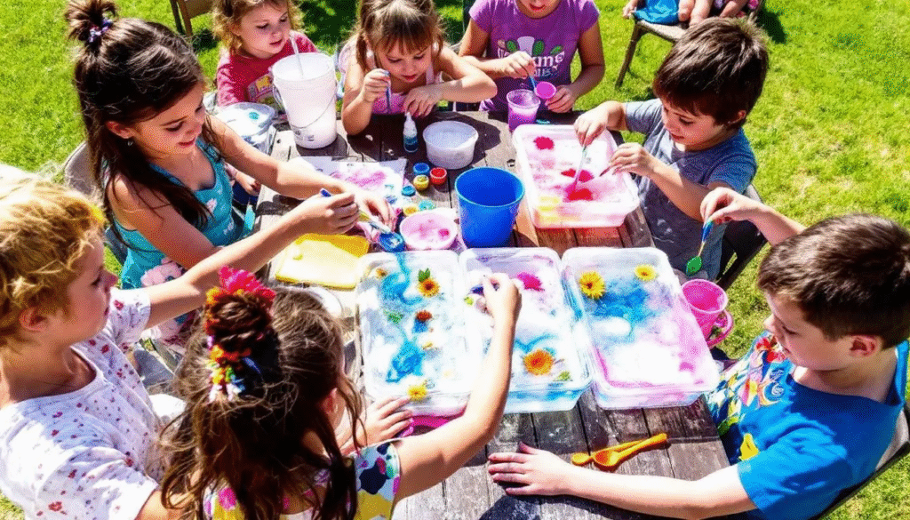 A colorful ice block filled with small plastic toys and flowers sits on a table, surrounded by children eagerly using droppers and warm water to excavate the hidden treasures inside. This engaging water play activity combines sensory exploration and fun, as the kids experiment with melting the ice and uncovering their surprises.