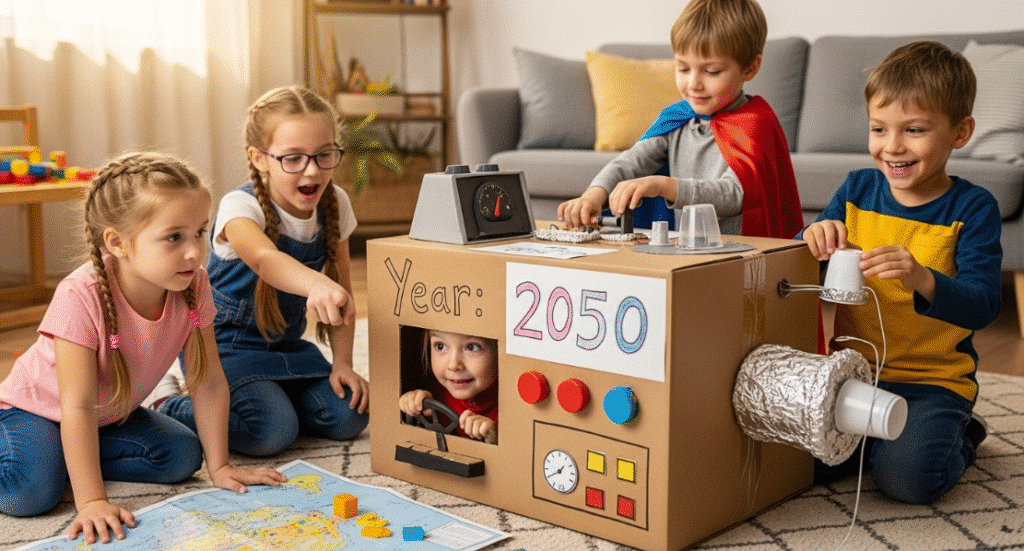 Imaginative Play with Your Time Machine Children engaging in imaginative play with their cardboard time machine.