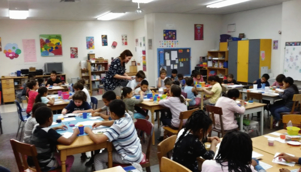 Indoor Activities A vibrant classroom scene showcases kindergarten students engaged in various fun indoor activities on a rainy day, including classic board games, drawing, and a lively dance party. The atmosphere is filled with excitement as the kids explore their creativity and develop fine motor skills through play and teamwork.