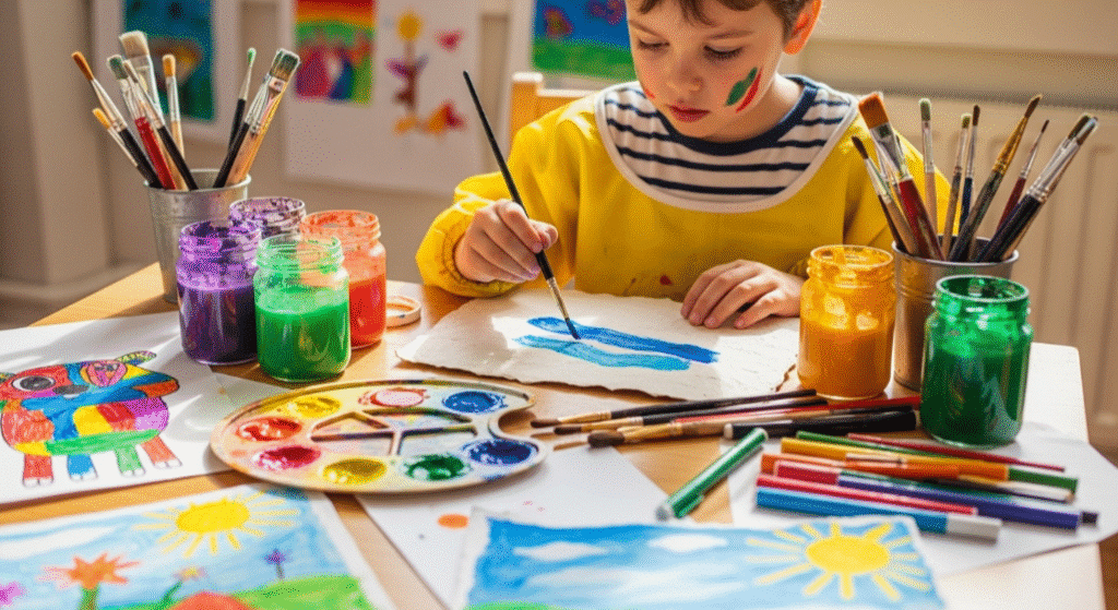 Kid Painting A child is engaged in painting and drawing activities using various art supplies on textured paper, enhancing their fine motor skills through precise hand movements and exploration of different textures. The scene captures the joy of self-expression and creativity as the child learns to control their brush and experiment with colors, promoting both physical development and hand-eye coordination.