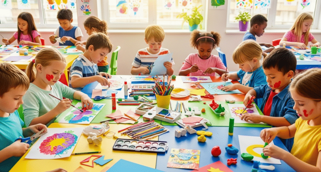 The image depicts children engaged in various arts and crafts activities, such as painting, cutting paper, and molding clay, showcasing their fine motor skills and creativity. These creative activities not only promote self-expression and problem-solving skills but also contribute to their emotional well-being and personal growth.