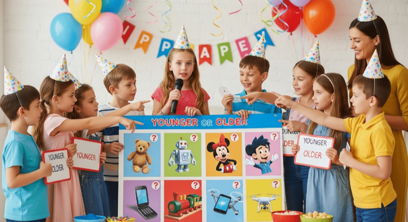 The image depicts a lively and colorful kids’ birthday party game called "Younger or Older," where children guess if various fun items, cartoons, or toys are younger or older than the birthday child’s age. This game encourages laughter and curiosity, making it a wonderful addition to any children’s party or small gathering.