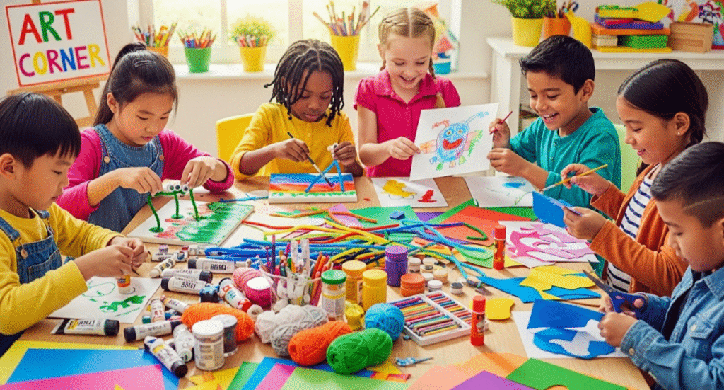 A vibrant scene showcases children engaged in various arts and crafts activities, using colorful art materials to create unique projects. The image highlights the joy of self-expression and the development of important life skills such as creativity, problem-solving, and fine motor skills as they explore their imagination.