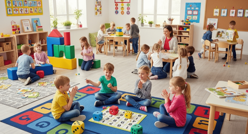 The image depicts a vibrant kindergarten classroom where young kids are actively engaged in playing games that promote learning and teamwork. Children are seen participating in various activities that encourage them to practice skills like counting, listening, and following directions in a fun and interactive environment.