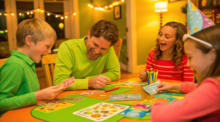 A group of kids and parents are gathered around a table, excitedly preparing to play the "Younger or Older" birthday game. Colourful game cards and crayons are handed out as the host reads out items for the children to guess if they are newer or older than the birthday child, creating a lively and joyful atmosphere filled with laughter and anticipation.