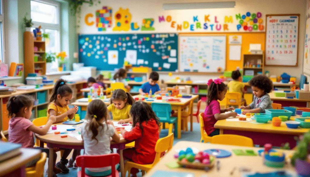 The image depicts a vibrant kindergarten classroom filled with young learners engaged in various activities like dramatic play, drawing pictures, and exploring a sensory bin. Bright decorations and learning materials create an inviting environment that encourages creativity, collaboration, and the development of fine motor skills among the students.