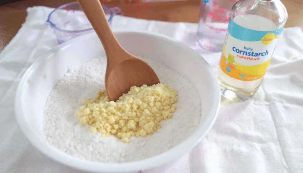 The image shows a colorful DIY kinetic sand setup, featuring a mixing bowl filled with a soft, moldable sand mixture made from play sand, cornstarch, and baby oil. Various containers of vibrant food coloring are placed nearby, ready to be added to create unique hues, while cookie cutters and shovels are visible, suggesting fun sensory play for kids.