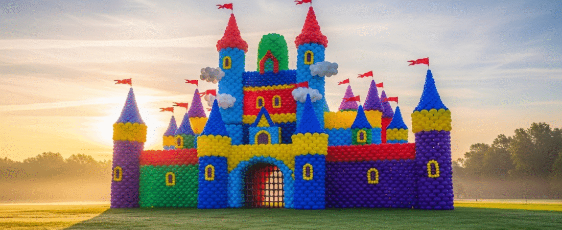 A large balloon castle on a field.