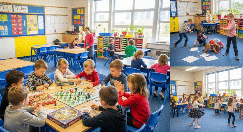 Learning The image showcases a vibrant classroom filled with children engaged in various fun Friday activities, such as playing classic board games, participating in a scavenger hunt, and enjoying a dance party. The scene highlights the joy of learning through play, fostering fine and gross motor skills while encouraging teamwork and problem-solving.