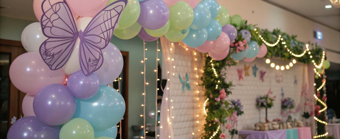 A whimsical fairy birthday party scene with a pastel balloon garland featuring latex and mylar fairy-shaped balloons, adorned with glowing fairy lights and floral decorations in a festive indoor venue.
