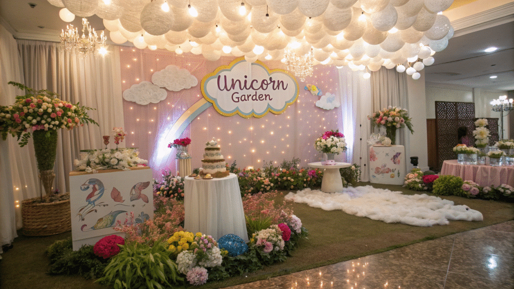 The image showcases a beautifully decorated unicorn birthday party space, featuring fluffy cotton balls hanging like clouds, soft fairy lights casting a gentle glow, and a whimsical "unicorn garden" adorned with colorful flowers and sparkly stones. Centerpieces with unicorn decorations and a themed backdrop enhance the magical ambiance, creating a fun and enchanting atmosphere for guests.
