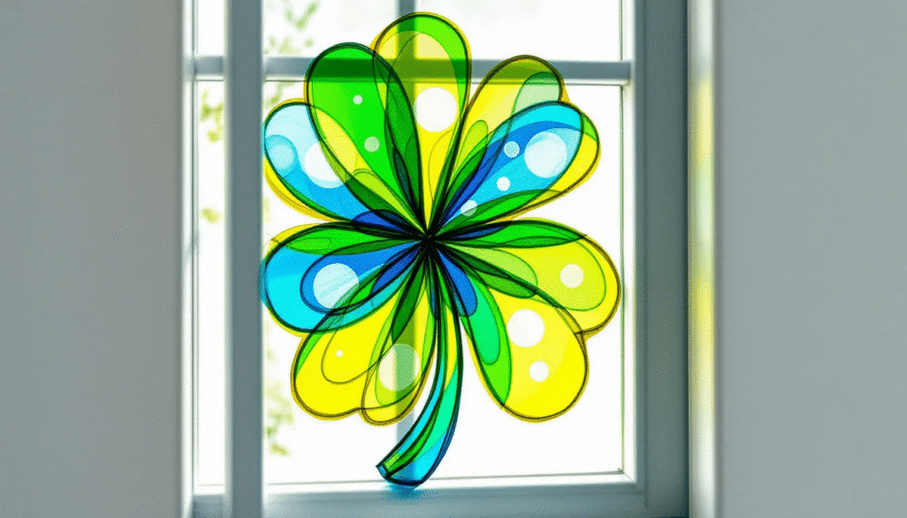 Making Stained Glass Shamrocks A stained glass shamrock made from tissue paper displayed on a window.