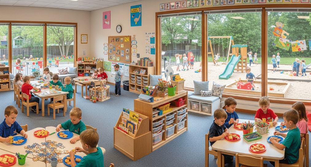 The image depicts a vibrant kindergarten classroom filled with various learning centers where young learners engage in activities like puzzles, drawing, and reading. Children are seen practicing routines during snack time, while others enjoy outdoor play, enhancing their physical activity and social skills in a safe environment.